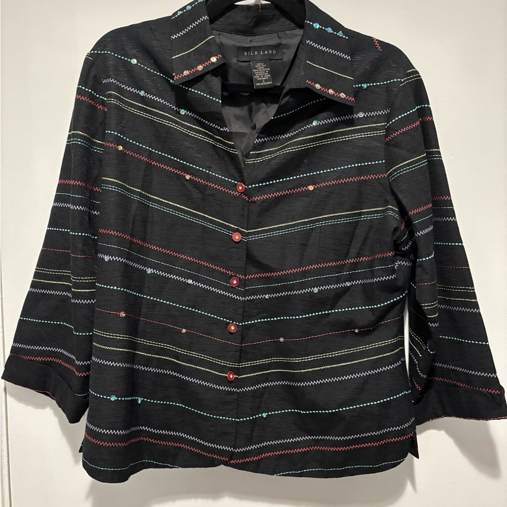 SilkLand Black Silk Blazer with Multicolor Zigzag Pattern Large